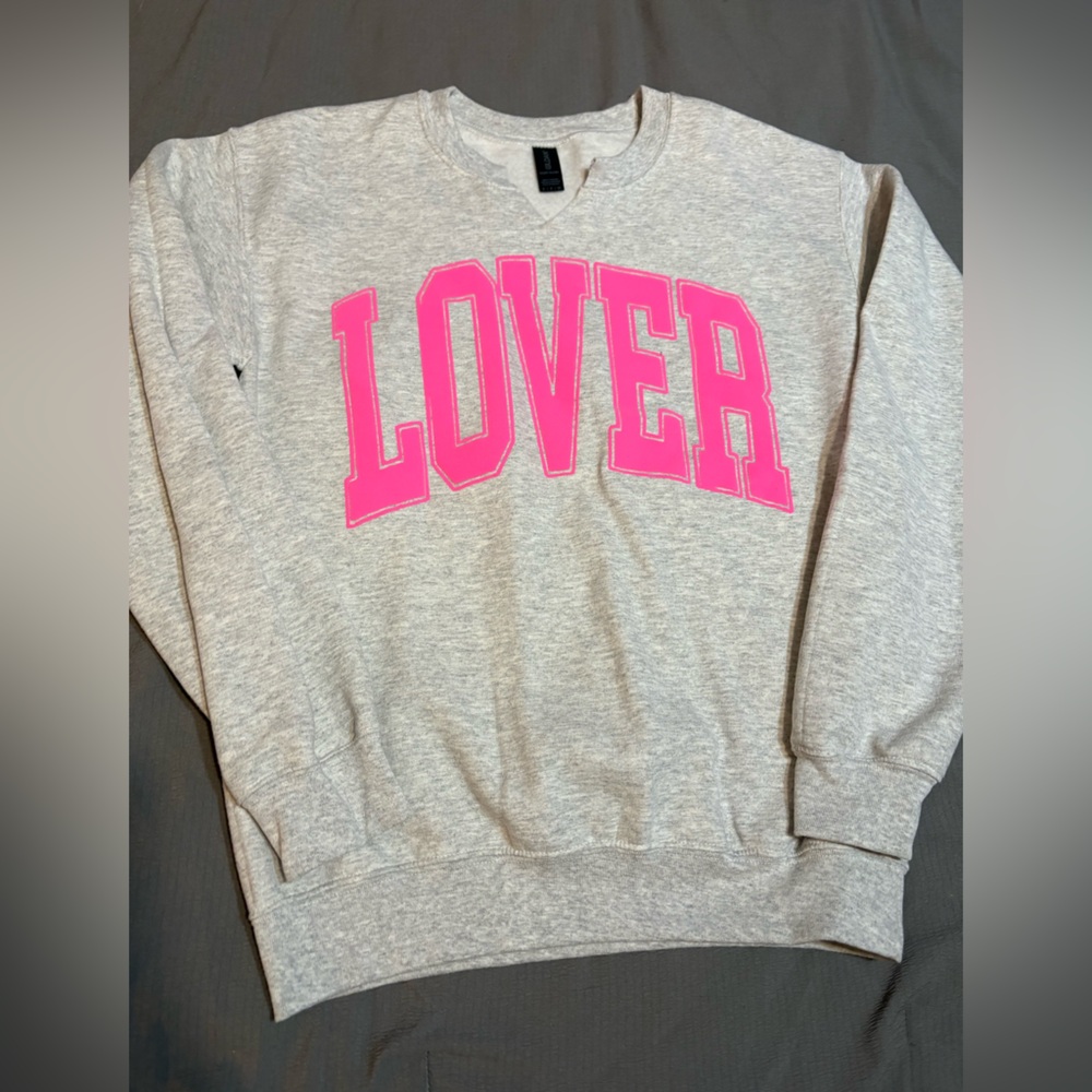 Gildan Gray Sweater with Pink 'LOVER' Design